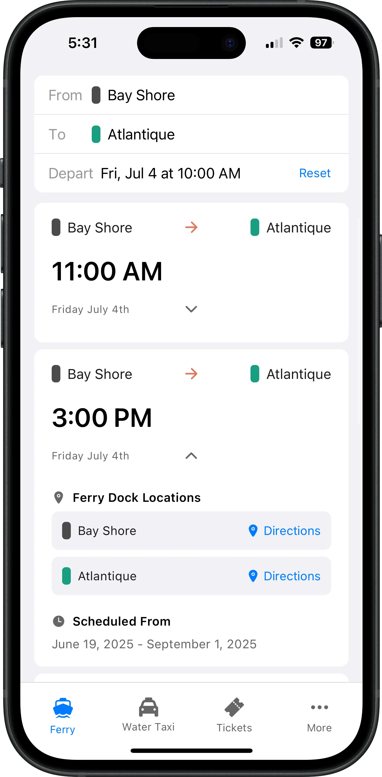 Screenshot of Fire Island Ferry Schedules app showing Atlantique ferry and water taxi schedule with departure times, destinations, and search functionality