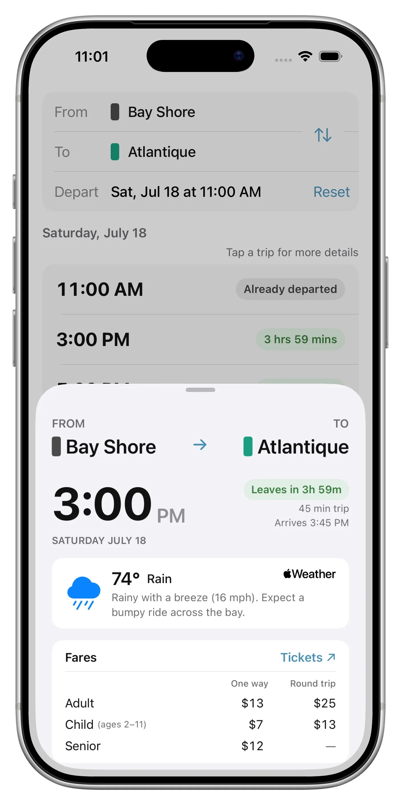 Screenshot of the Fire Island Ferry Schedules app for Atlantique