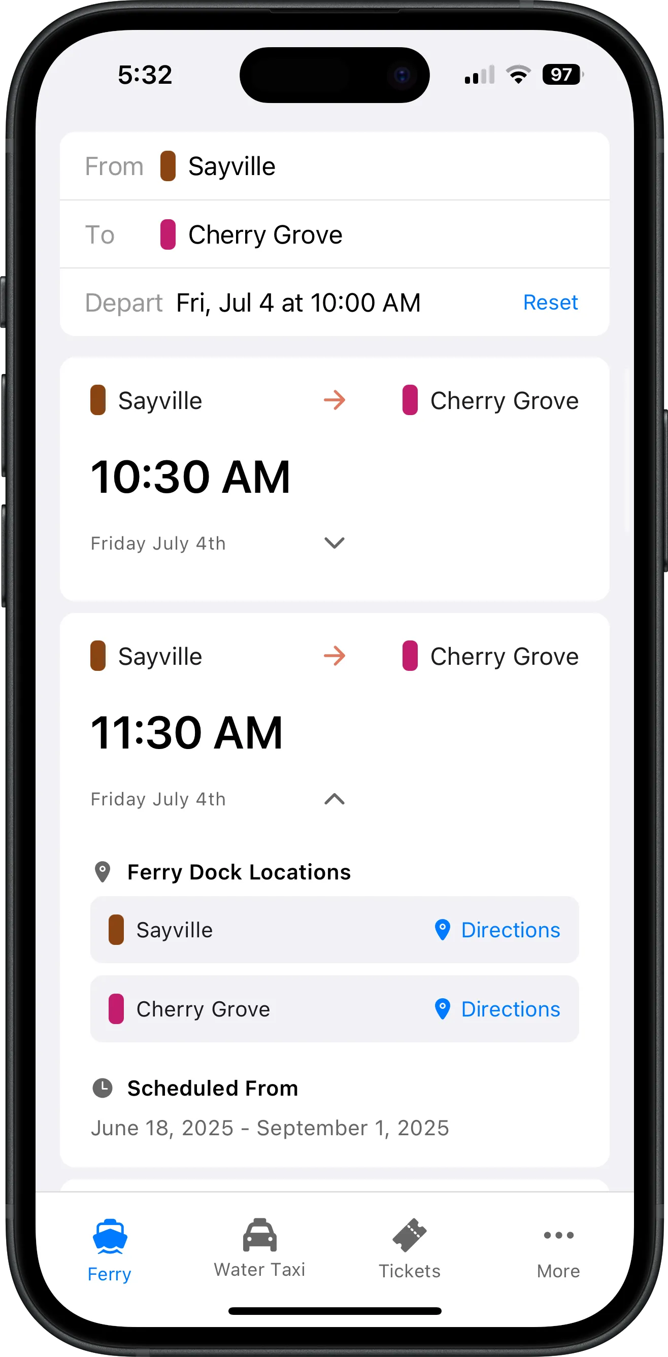 Screenshot of Fire Island Ferry Schedules app showing Cherry Grove ferry and water taxi schedule with departure times, destinations, and search functionality