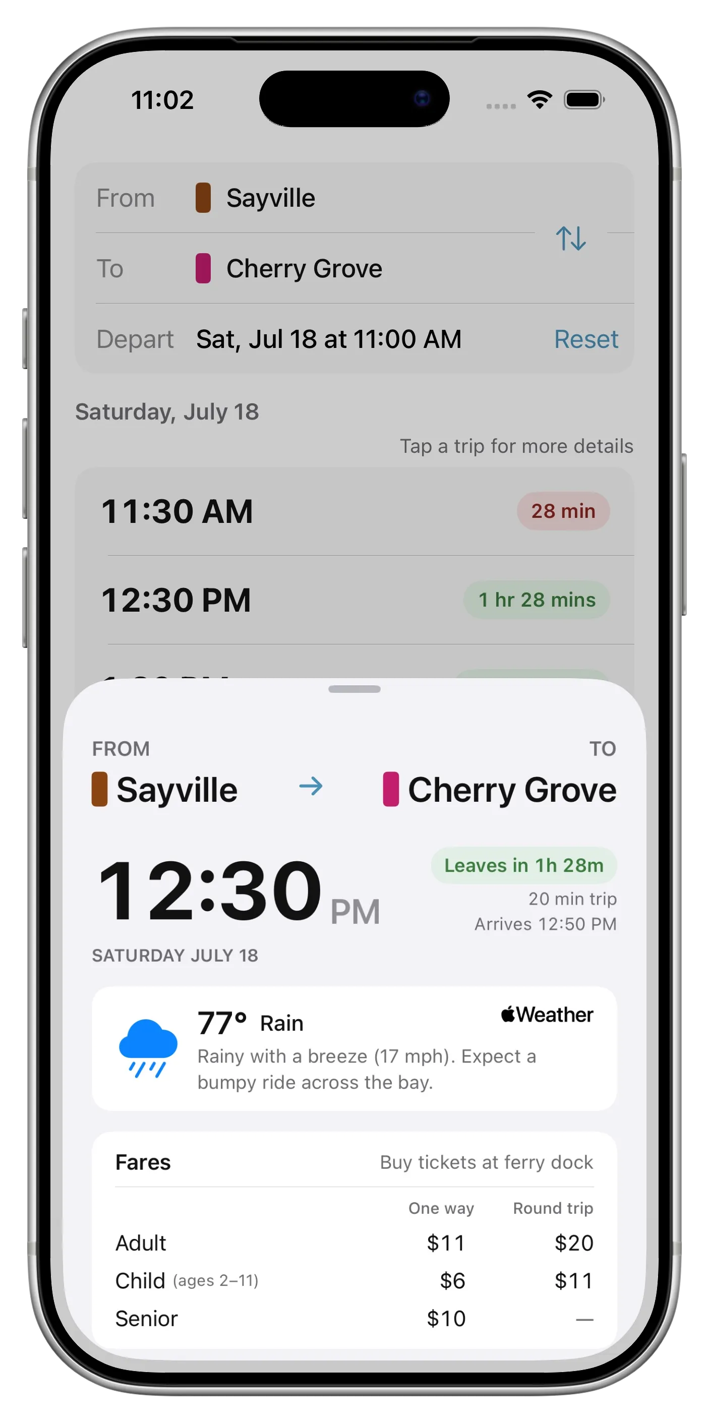 Screenshot of the Fire Island Ferry Schedules app schedule search interface