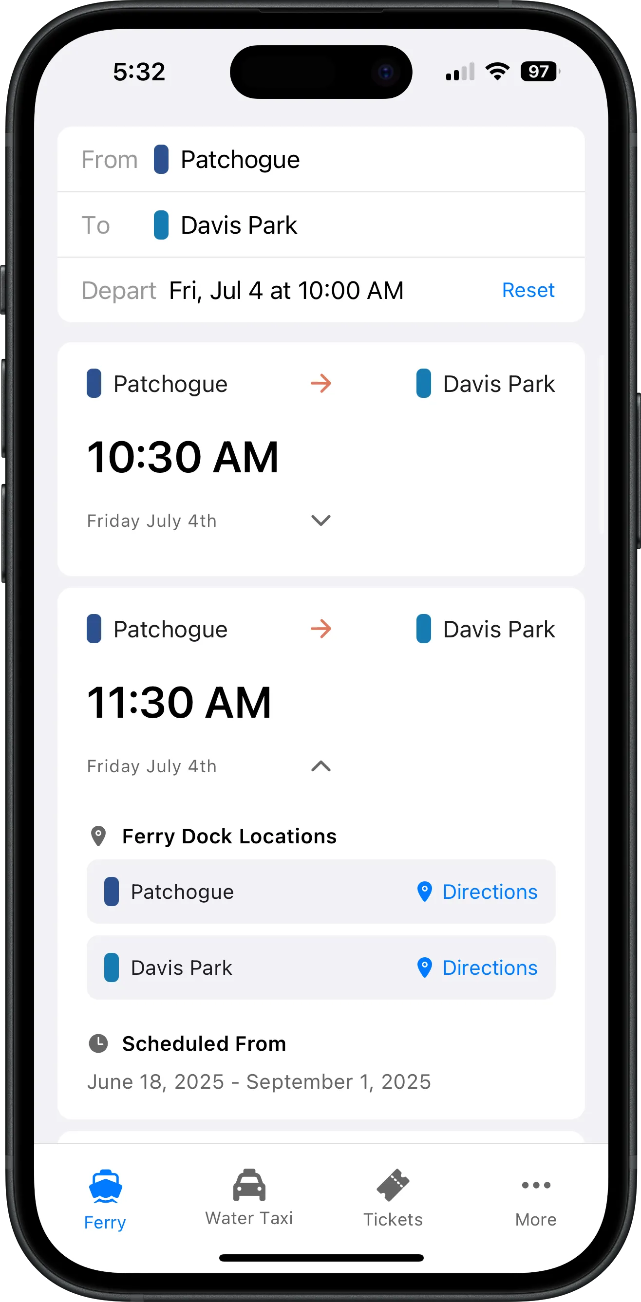 Screenshot of Fire Island Ferry Schedules app showing Patchogue ferry and water taxi schedule with departure times, destinations, and search functionality