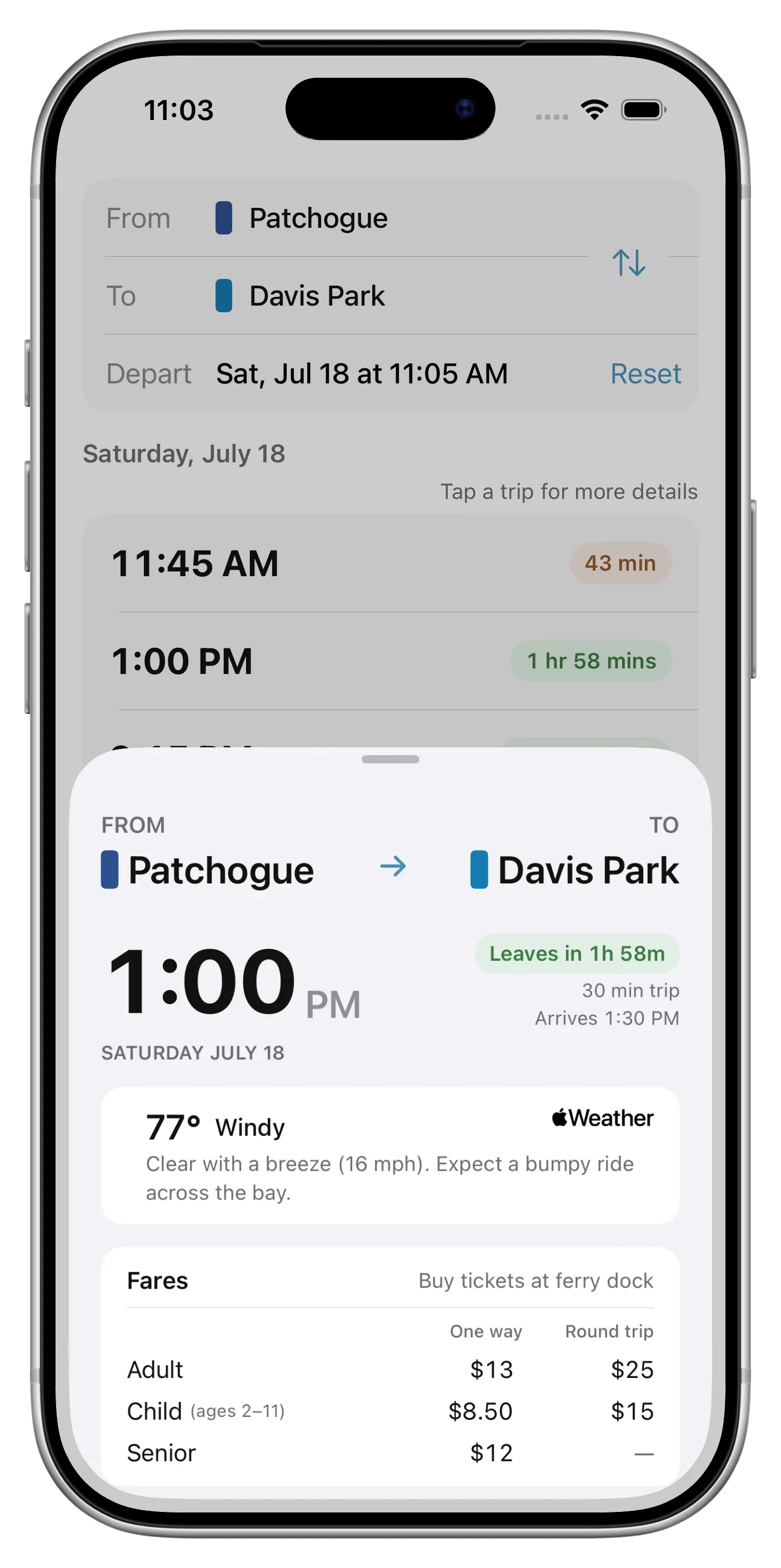Screenshot of the Fire Island Ferry Schedules app schedule search interface