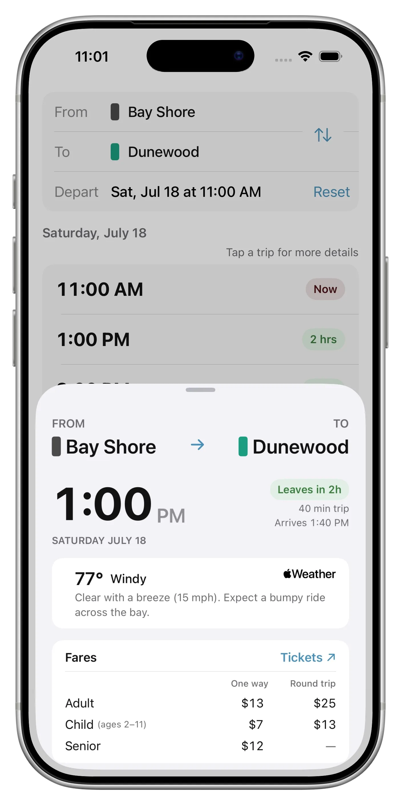 Screenshot of the Fire Island Ferry Schedules app for Dunewood