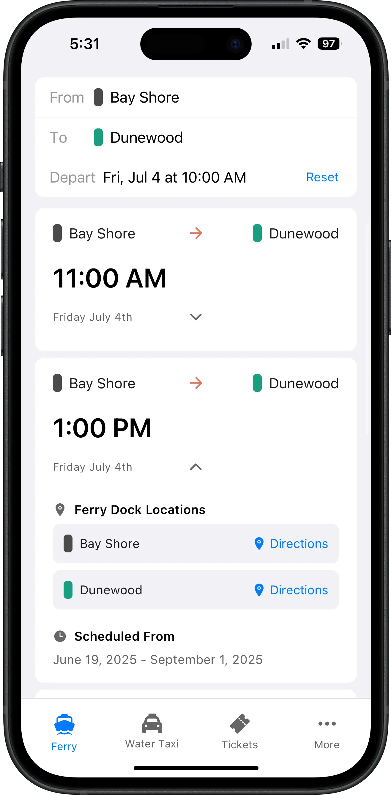 Screenshot of Fire Island Ferry Schedules app showing Dunewood ferry and water taxi schedule with departure times, destinations, and search functionality