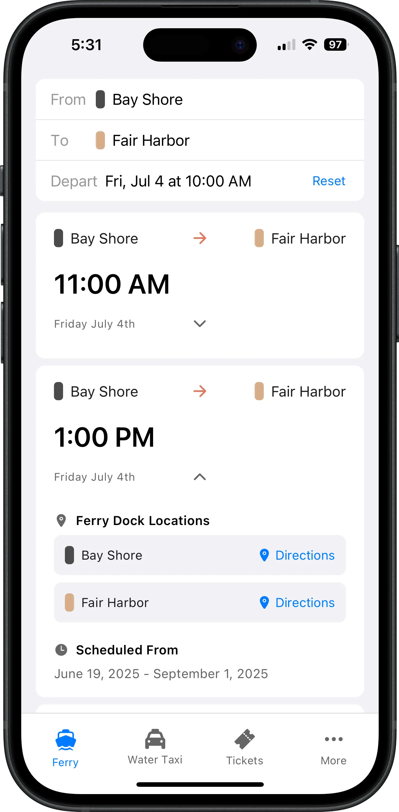 Screenshot of Fire Island Ferry Schedules app showing Fair Harbor ferry and water taxi schedule with departure times, destinations, and search functionality