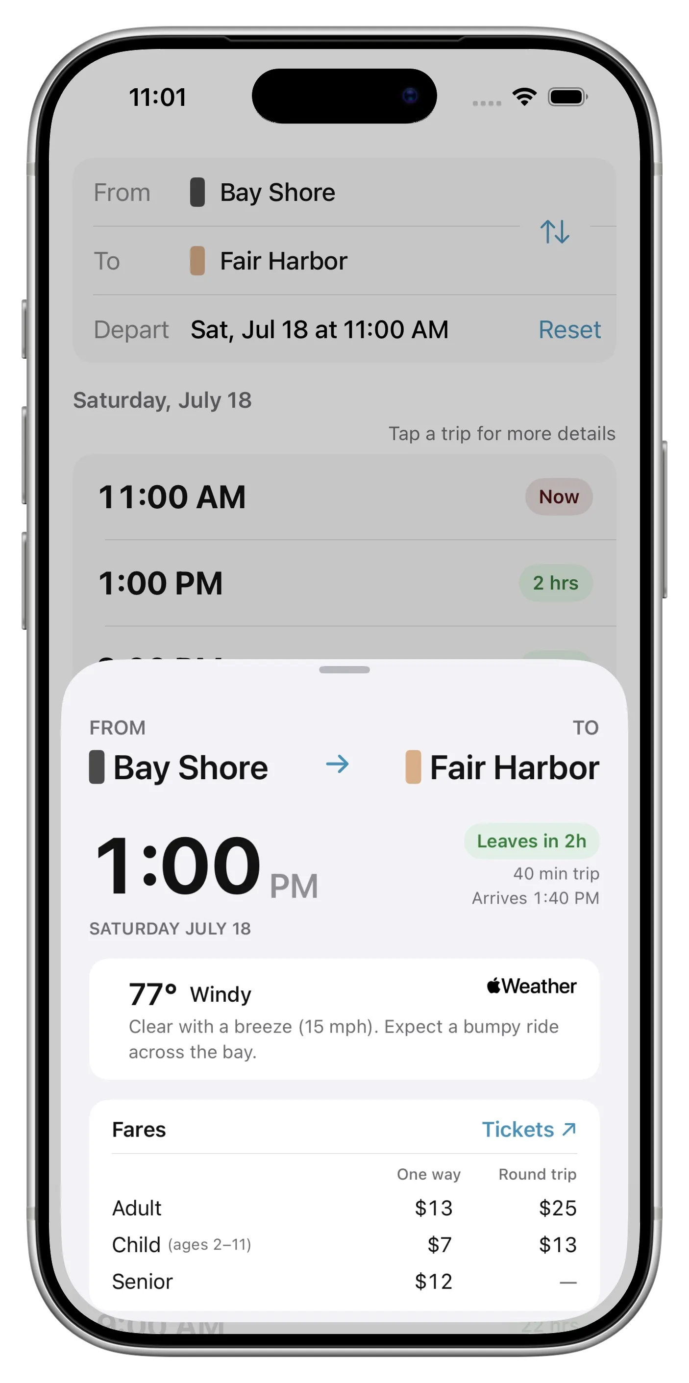 Screenshot of the Fire Island Ferry Schedules app for Fair Harbor