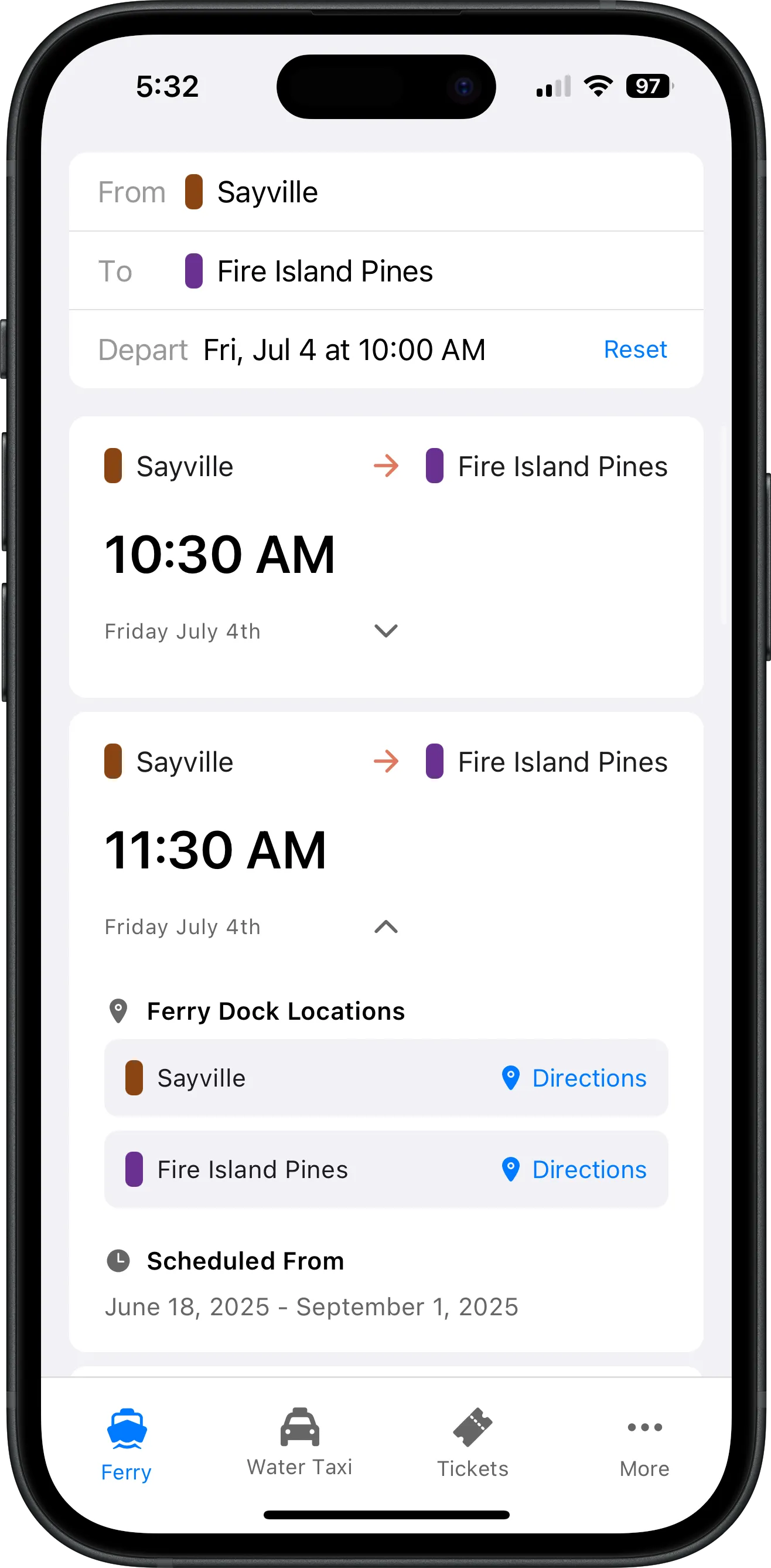 Screenshot of Fire Island Ferry Schedules app showing Fire Island Pines ferry and water taxi schedule with departure times, destinations, and search functionality