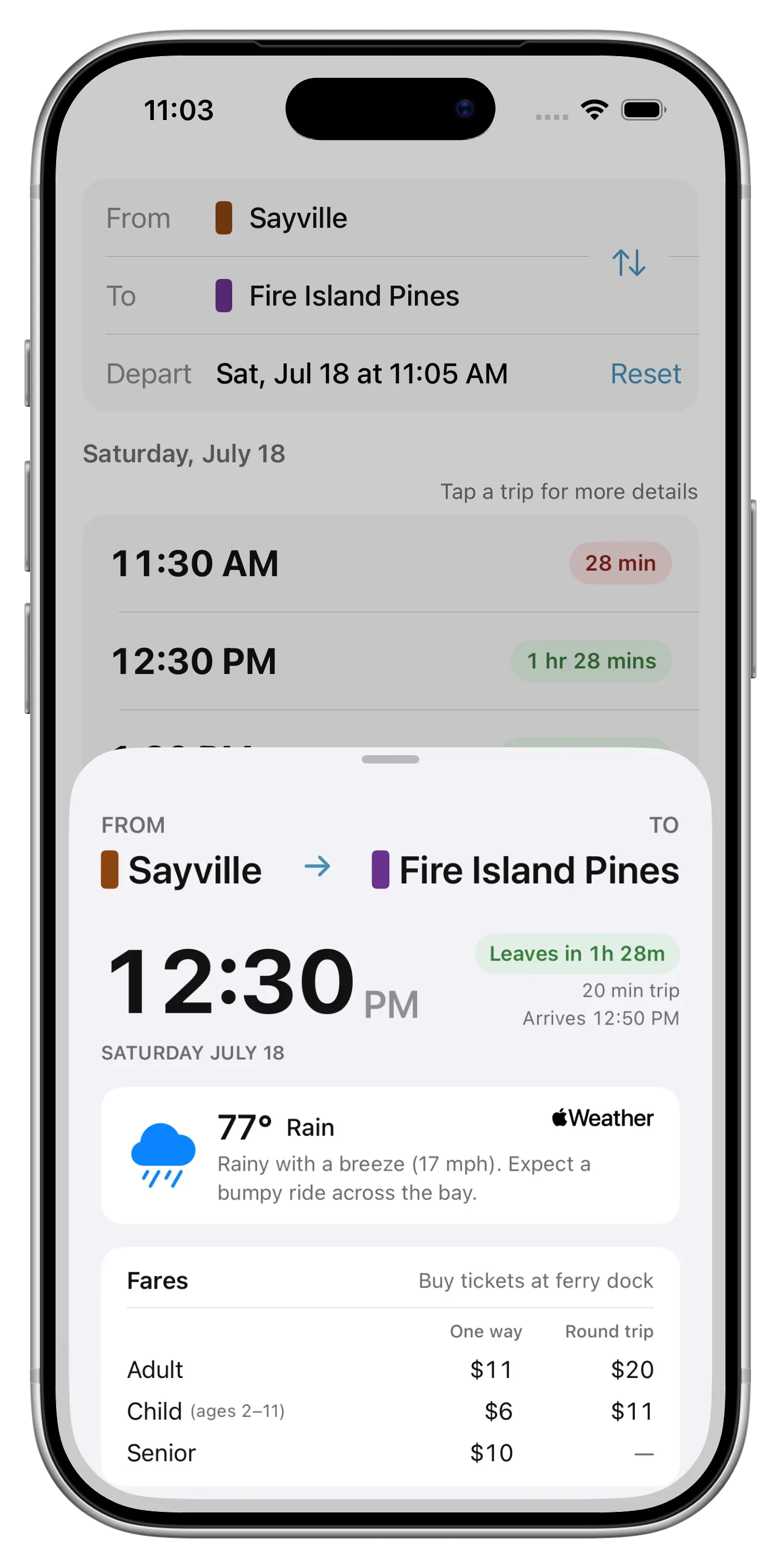 Screenshot of the Fire Island Ferry Schedules app for Fire Island Pines
