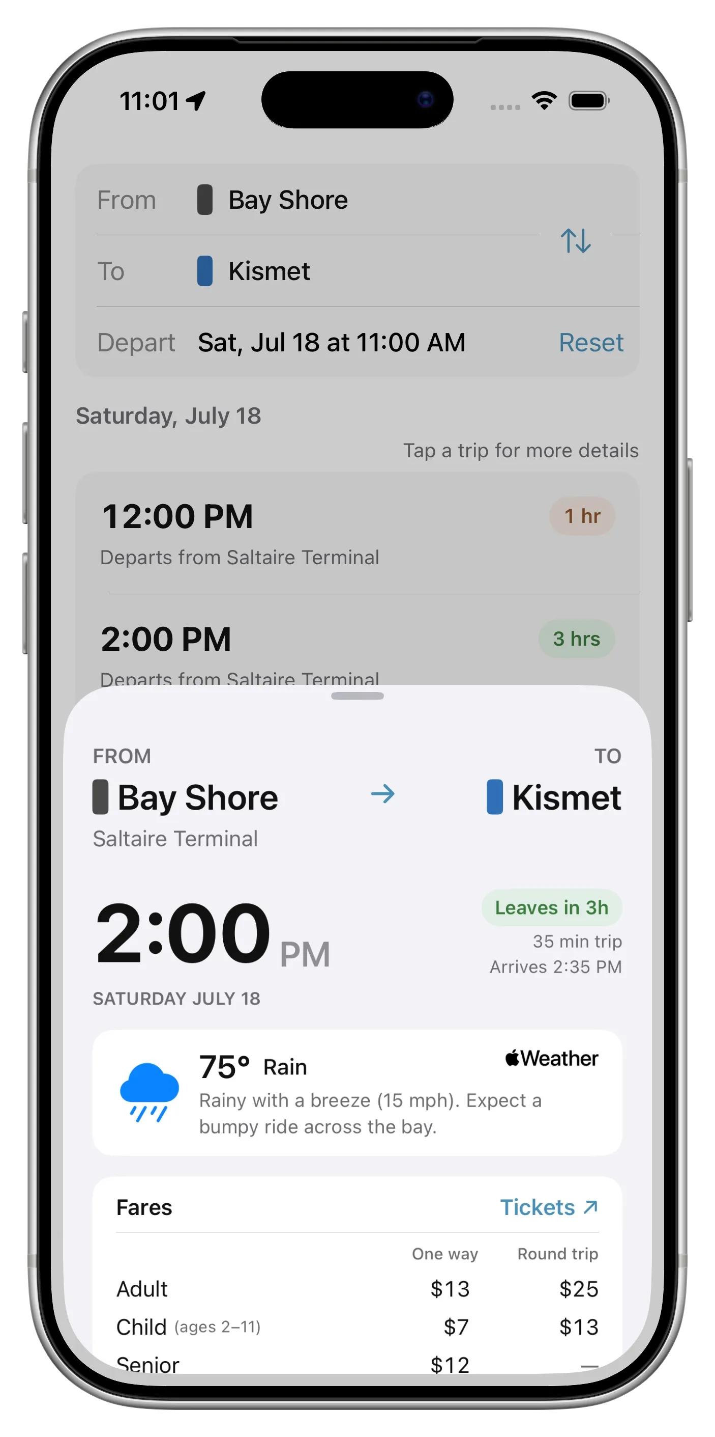 Screenshot of the Fire Island Ferry Schedules app for Kismet