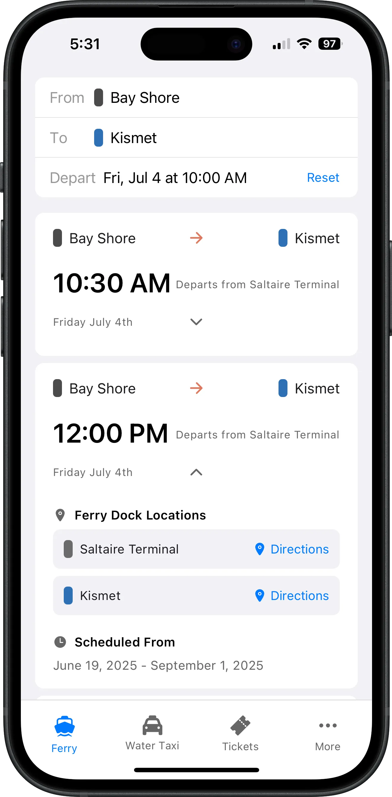 Screenshot of Fire Island Ferry Schedules app showing Kismet ferry and water taxi schedule with departure times, destinations, and search functionality