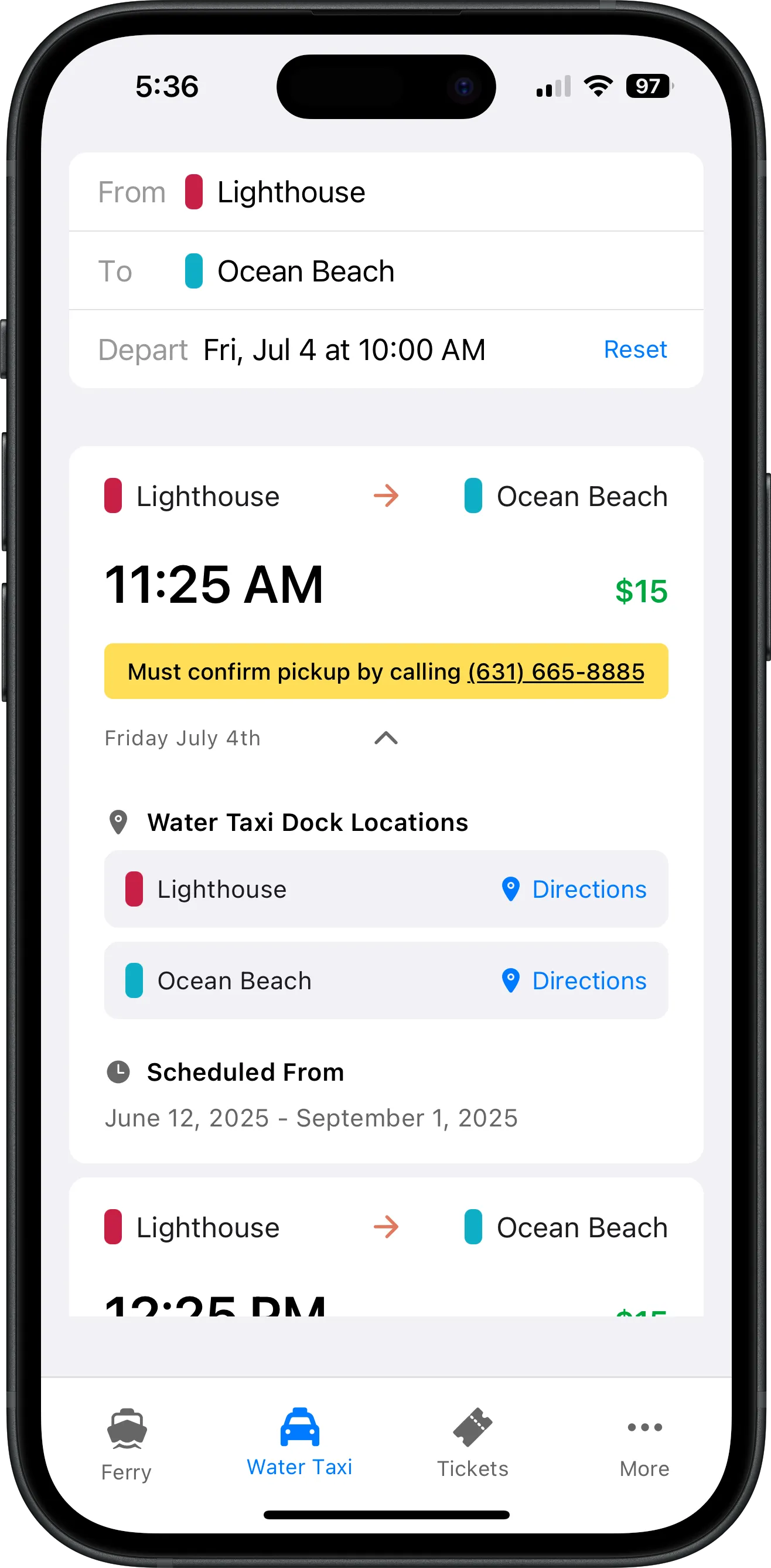 Screenshot of Fire Island Ferry Schedules app showing Lighthouse water taxi schedule with departure times, destinations, and search functionality