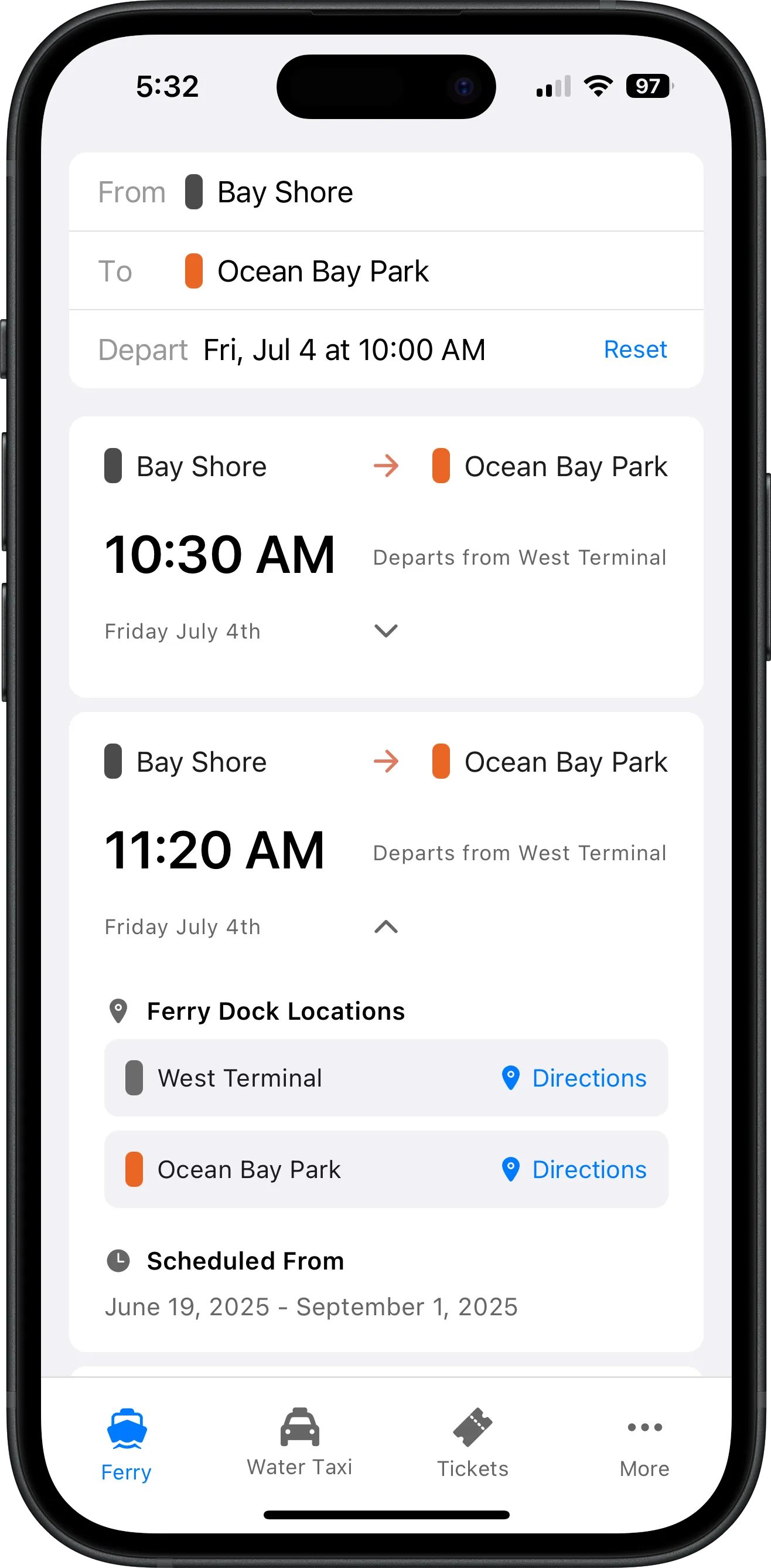Screenshot of Fire Island Ferry Schedules app showing Ocean Bay Park ferry and water taxi schedule with departure times, destinations, and search functionality