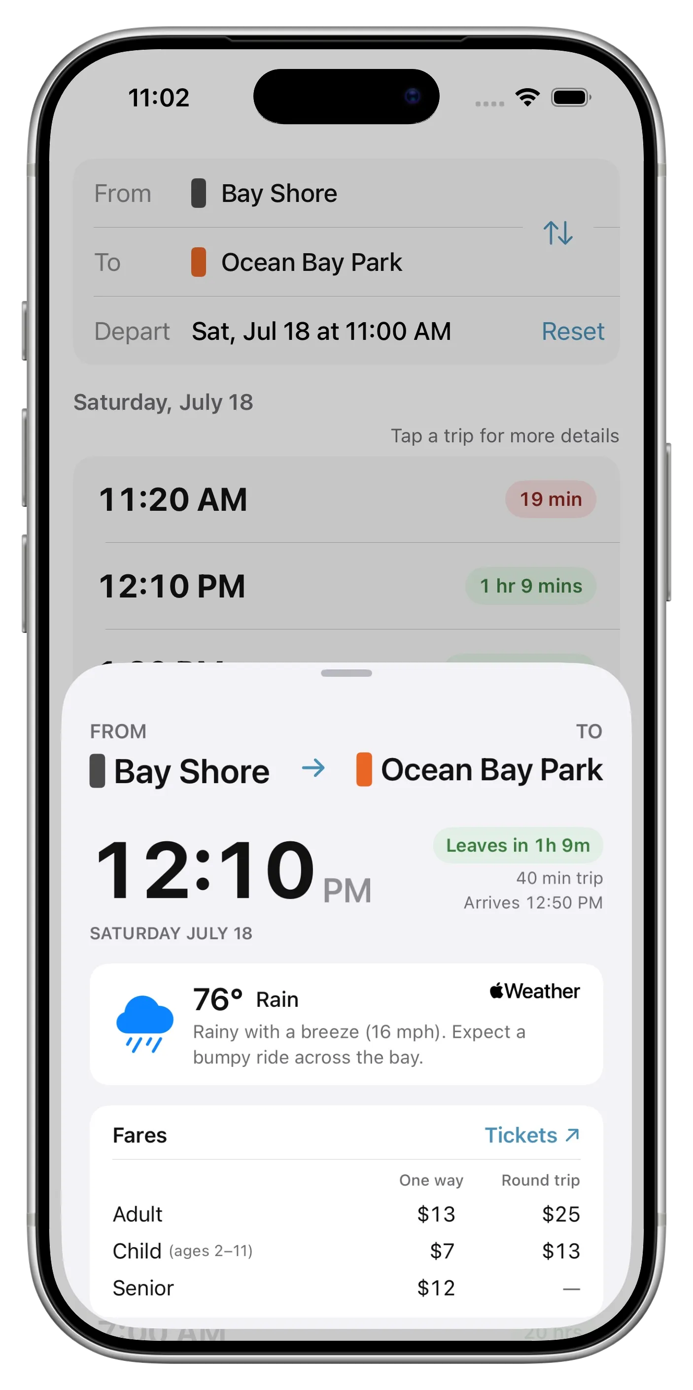 Screenshot of the Fire Island Ferry Schedules app for Ocean Bay Park