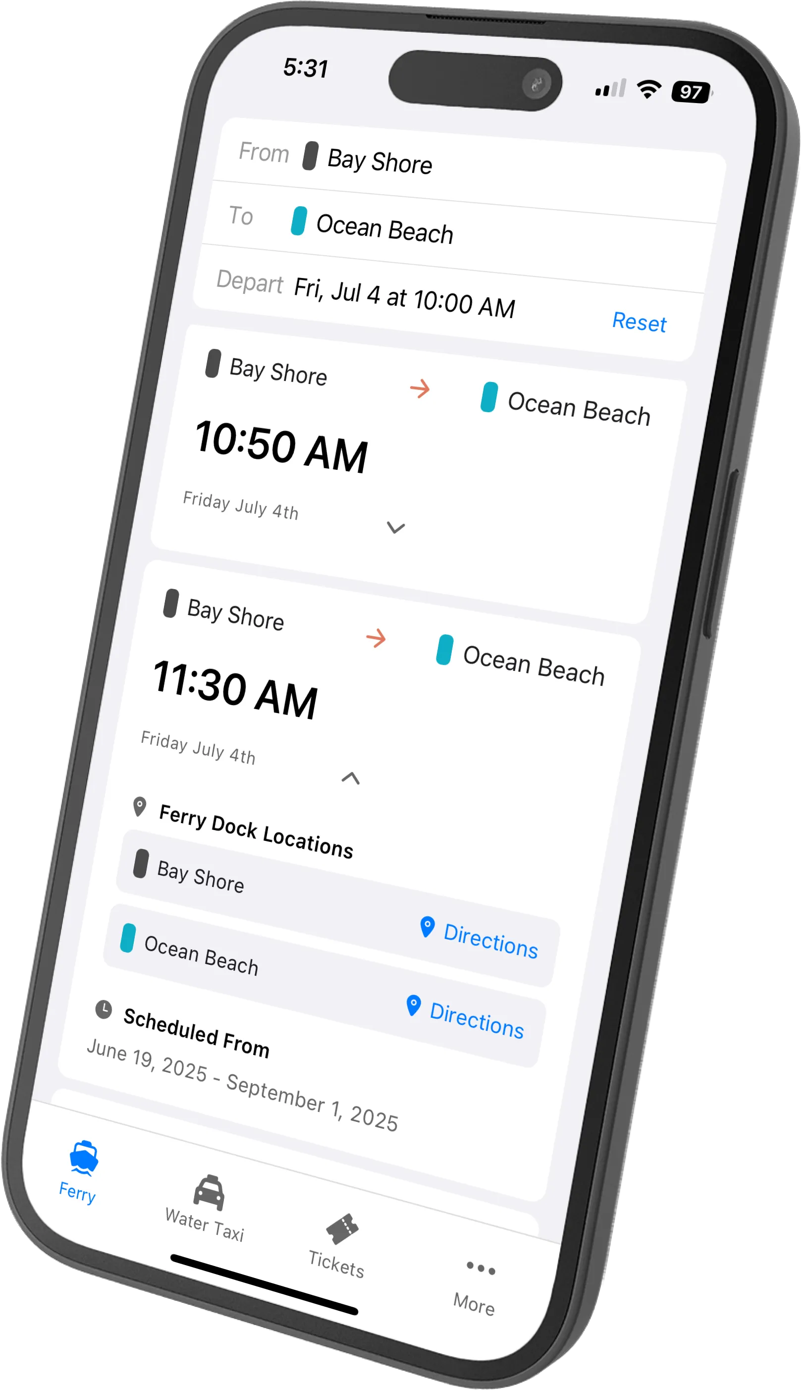 Screenshot of Fire Island Ferry Schedules app showing ferry schedule interface with departure times and destinations