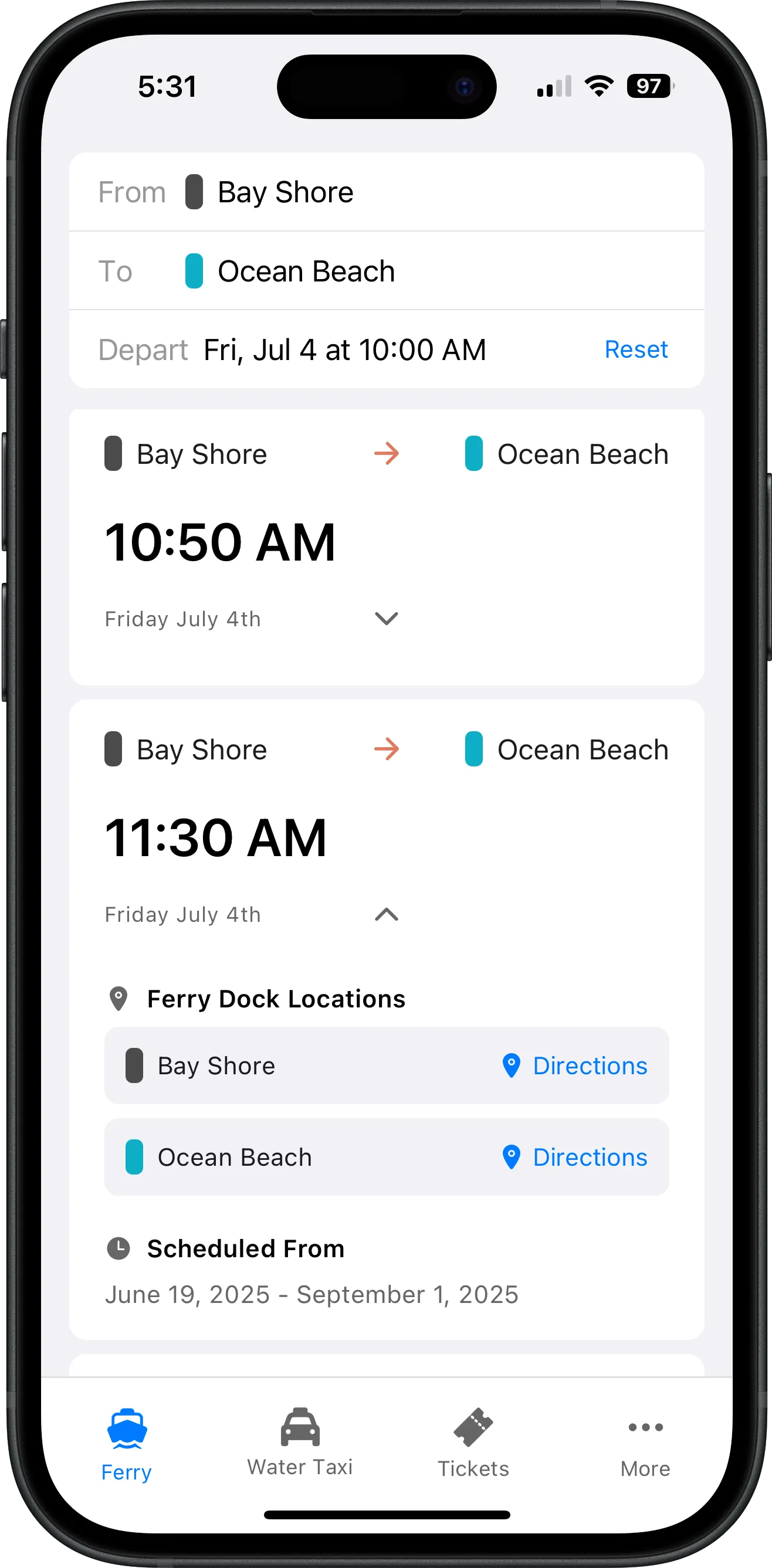 Screenshot of Fire Island Ferry Schedules app showing Ocean Beach ferry and water taxi schedule with departure times, destinations, and search functionality