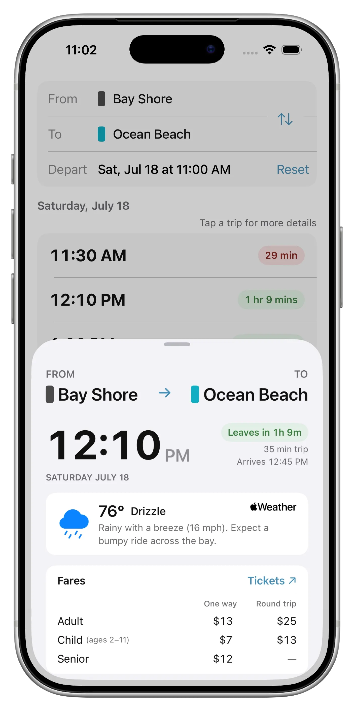 Screenshot of the Fire Island Ferry Schedules app for Ocean Beach