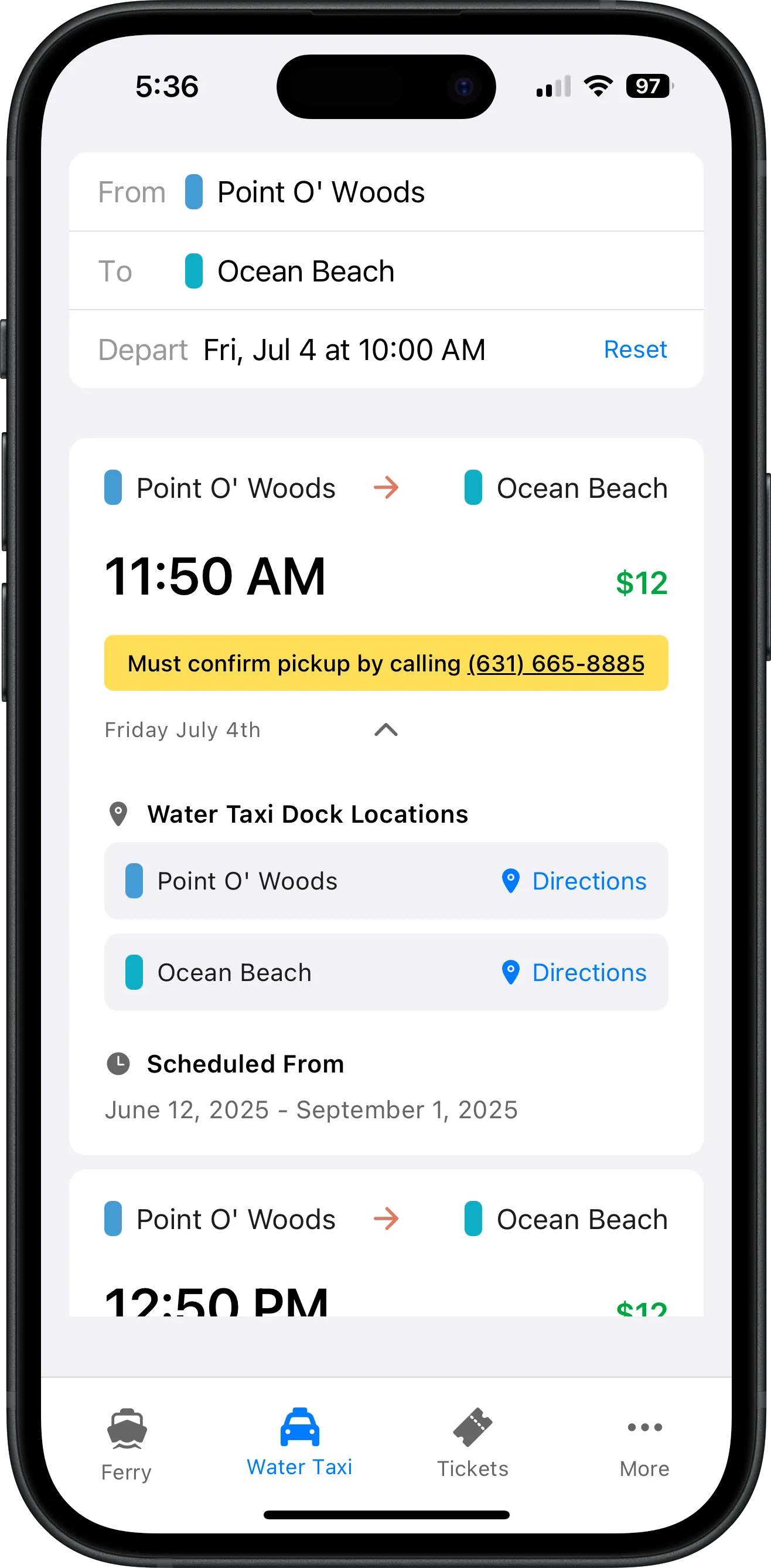 Screenshot of Fire Island Ferry Schedules app showing Point O' Woods water taxi schedule with departure times, destinations, and search functionality