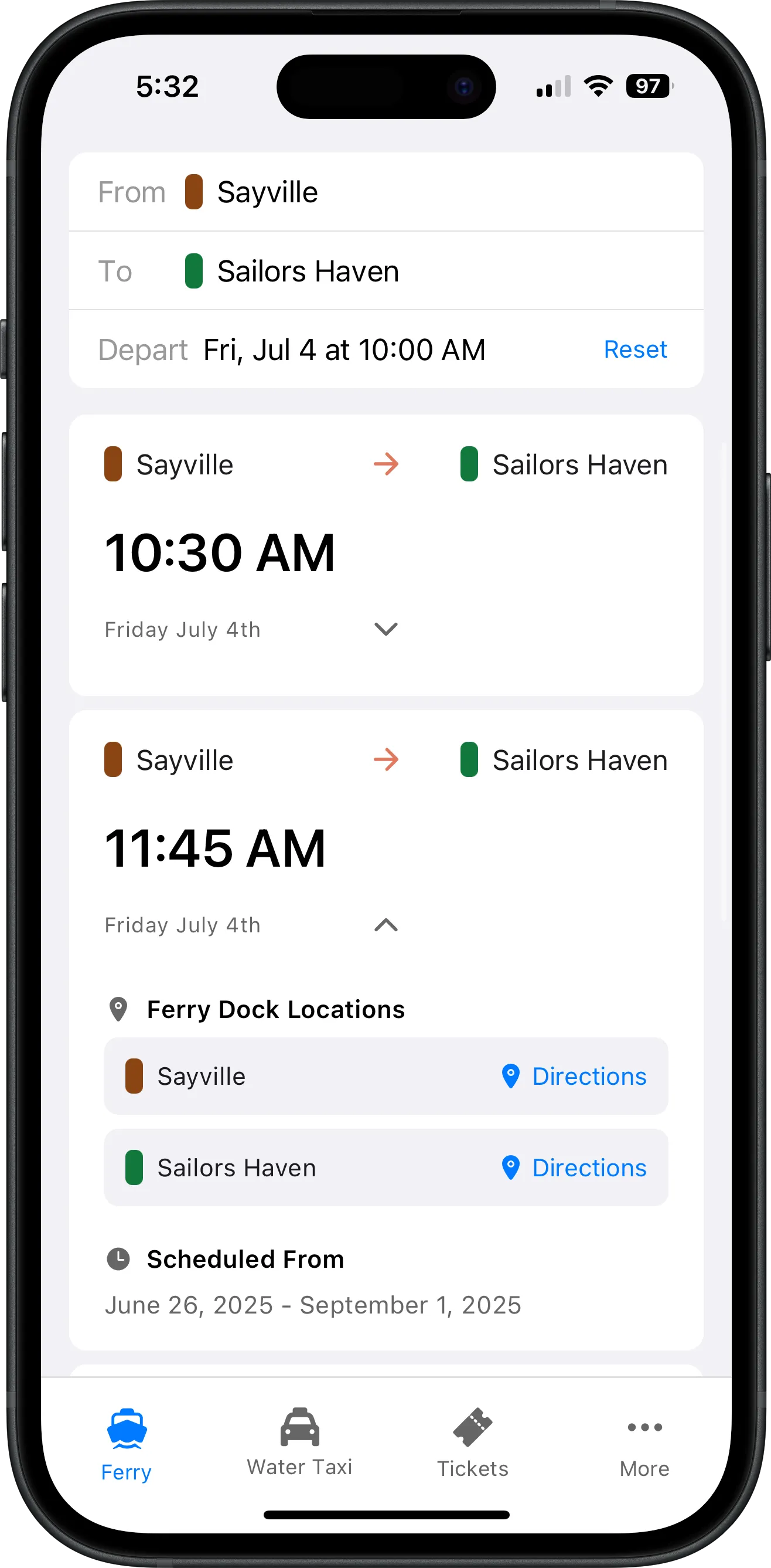 Screenshot of Fire Island Ferry Schedules app showing Sailors Haven ferry and water taxi schedule with departure times, destinations, and search functionality