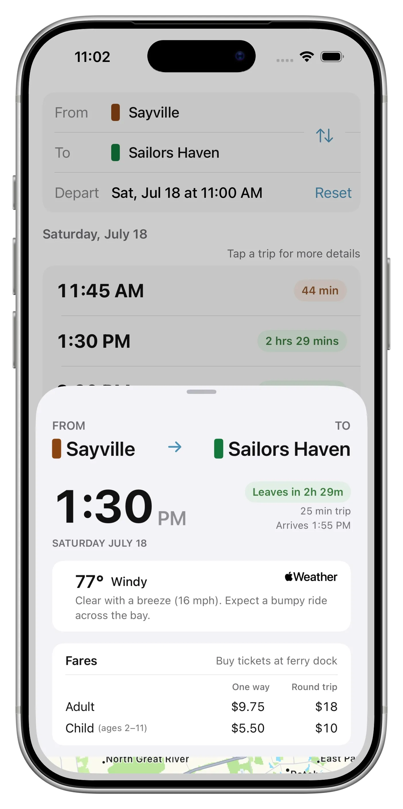 Screenshot of the Fire Island Ferry Schedules app for Sailors Haven