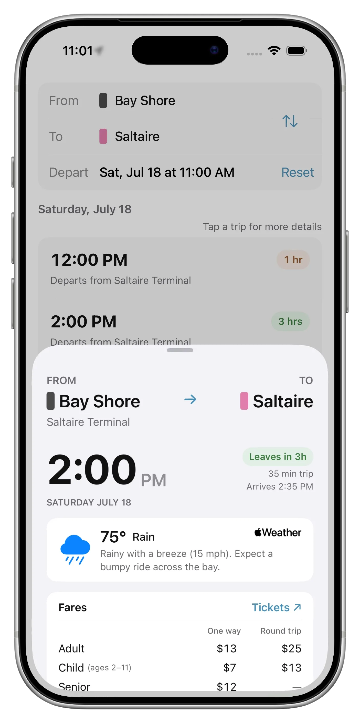Screenshot of the Fire Island Ferry Schedules app for Saltaire