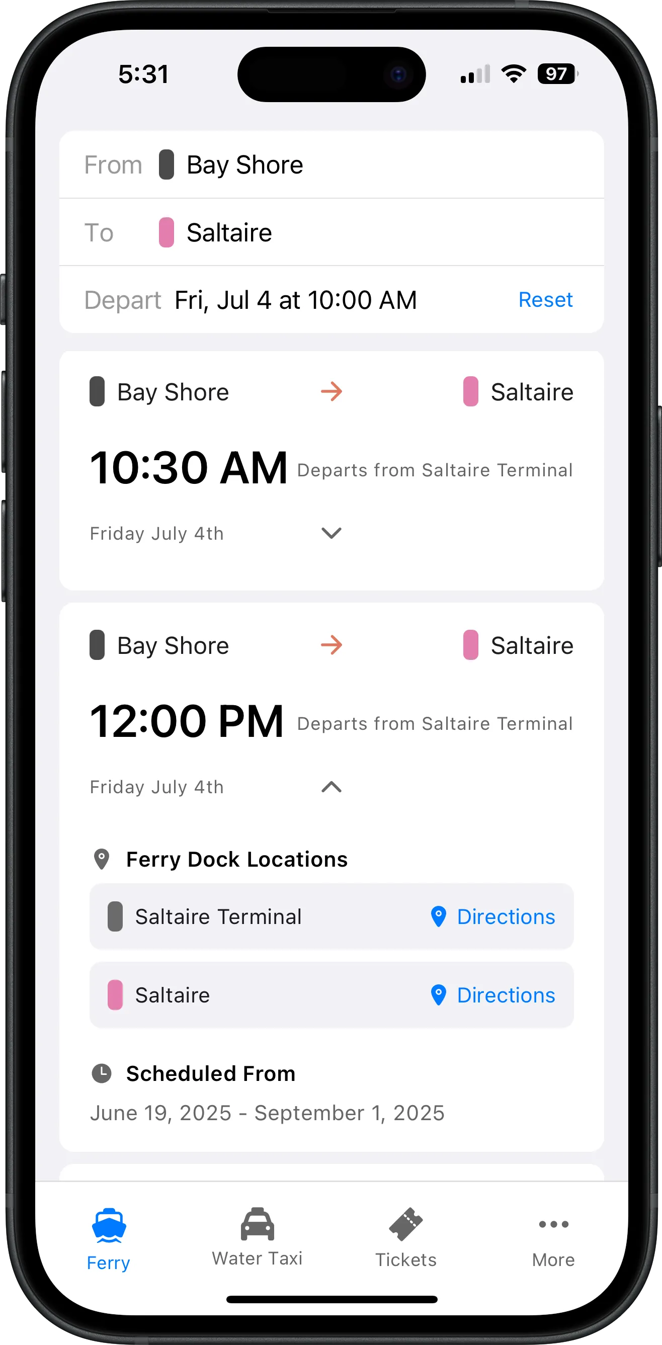 Screenshot of Fire Island Ferry Schedules app showing Saltaire ferry and water taxi schedule with departure times, destinations, and search functionality