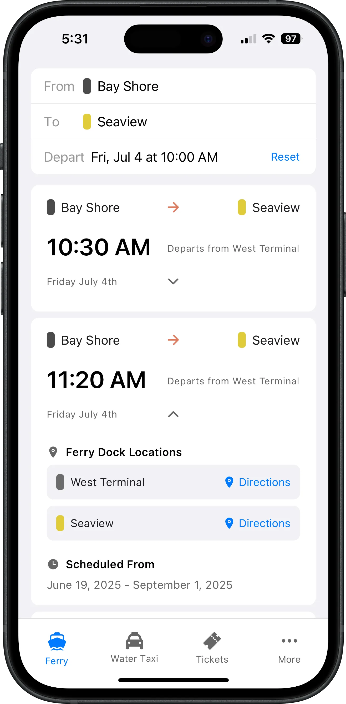 Screenshot of Fire Island Ferry Schedules app showing Seaview ferry and water taxi schedule with departure times, destinations, and search functionality