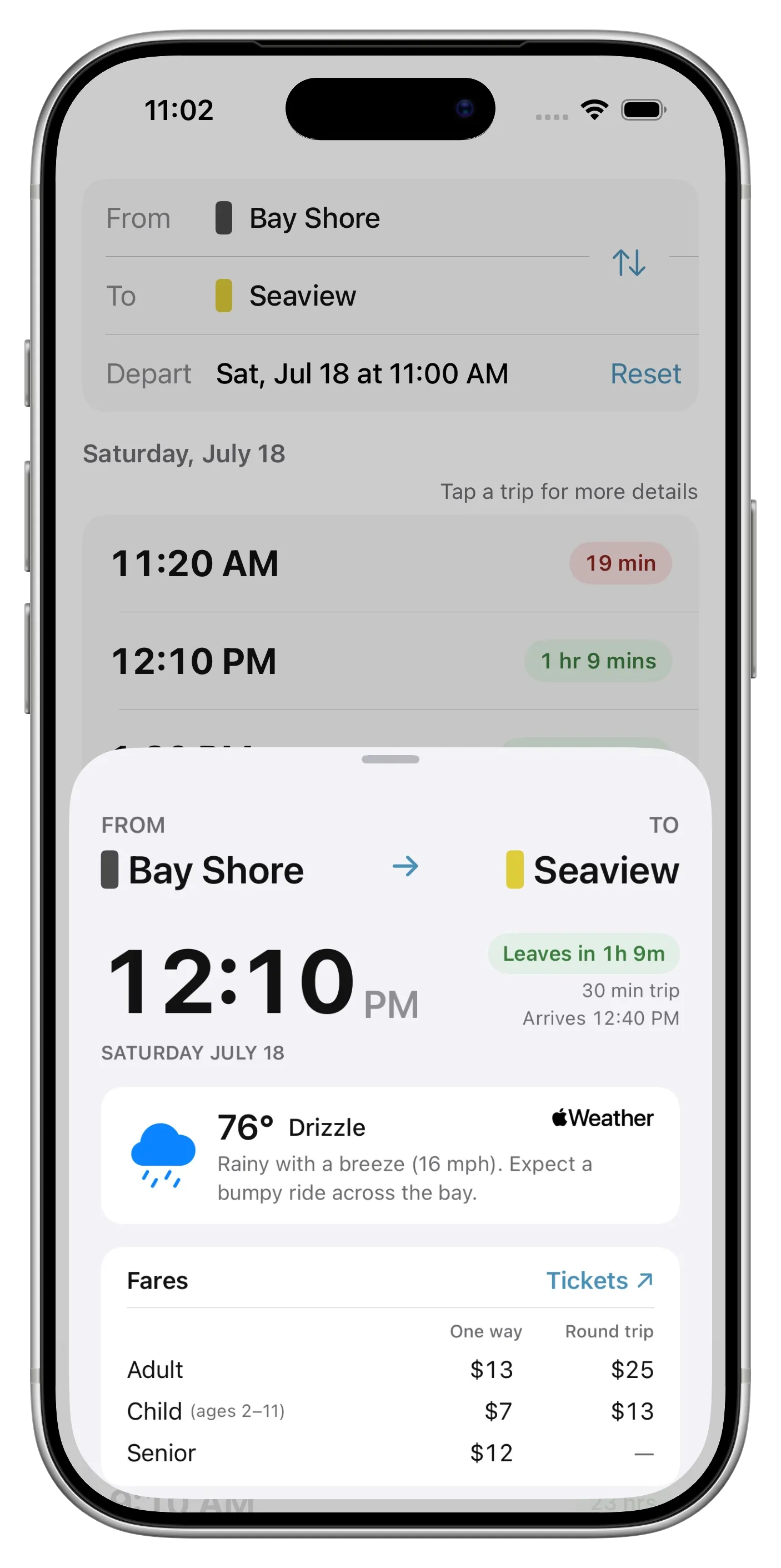 Screenshot of the Fire Island Ferry Schedules app for Seaview