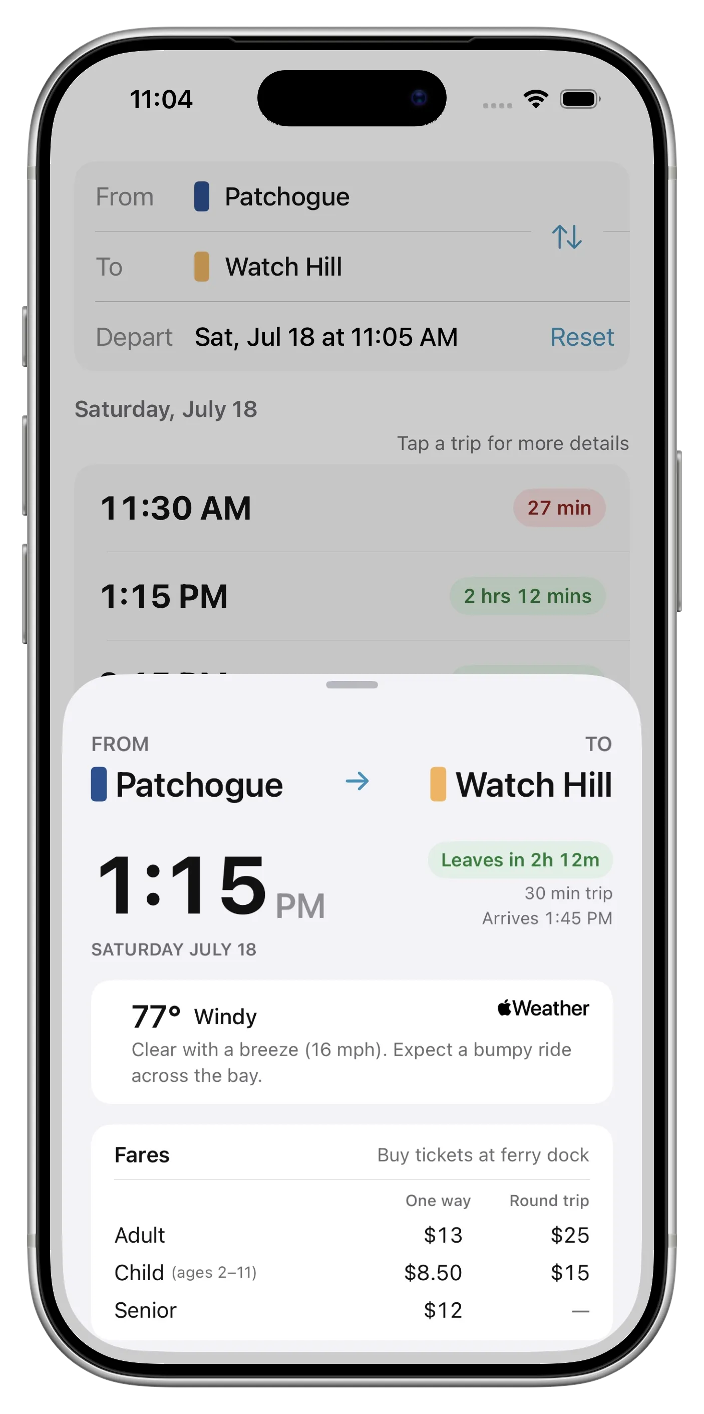 Screenshot of the Fire Island Ferry Schedules app for Watch Hill