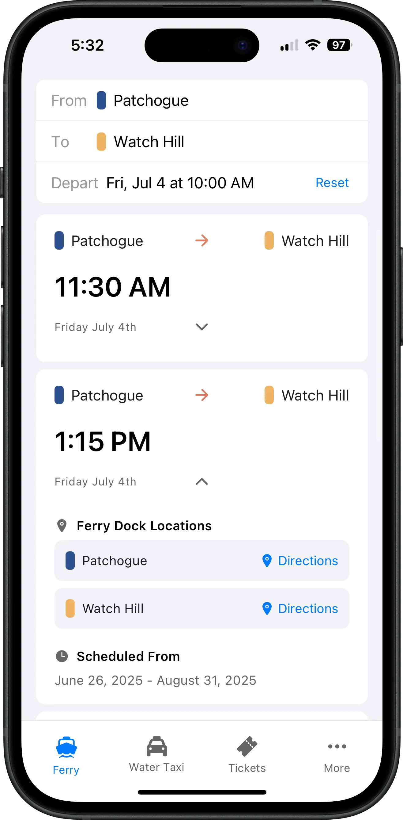 Screenshot of Fire Island Ferry Schedules app showing Watch Hill ferry and water taxi schedule with departure times, destinations, and search functionality