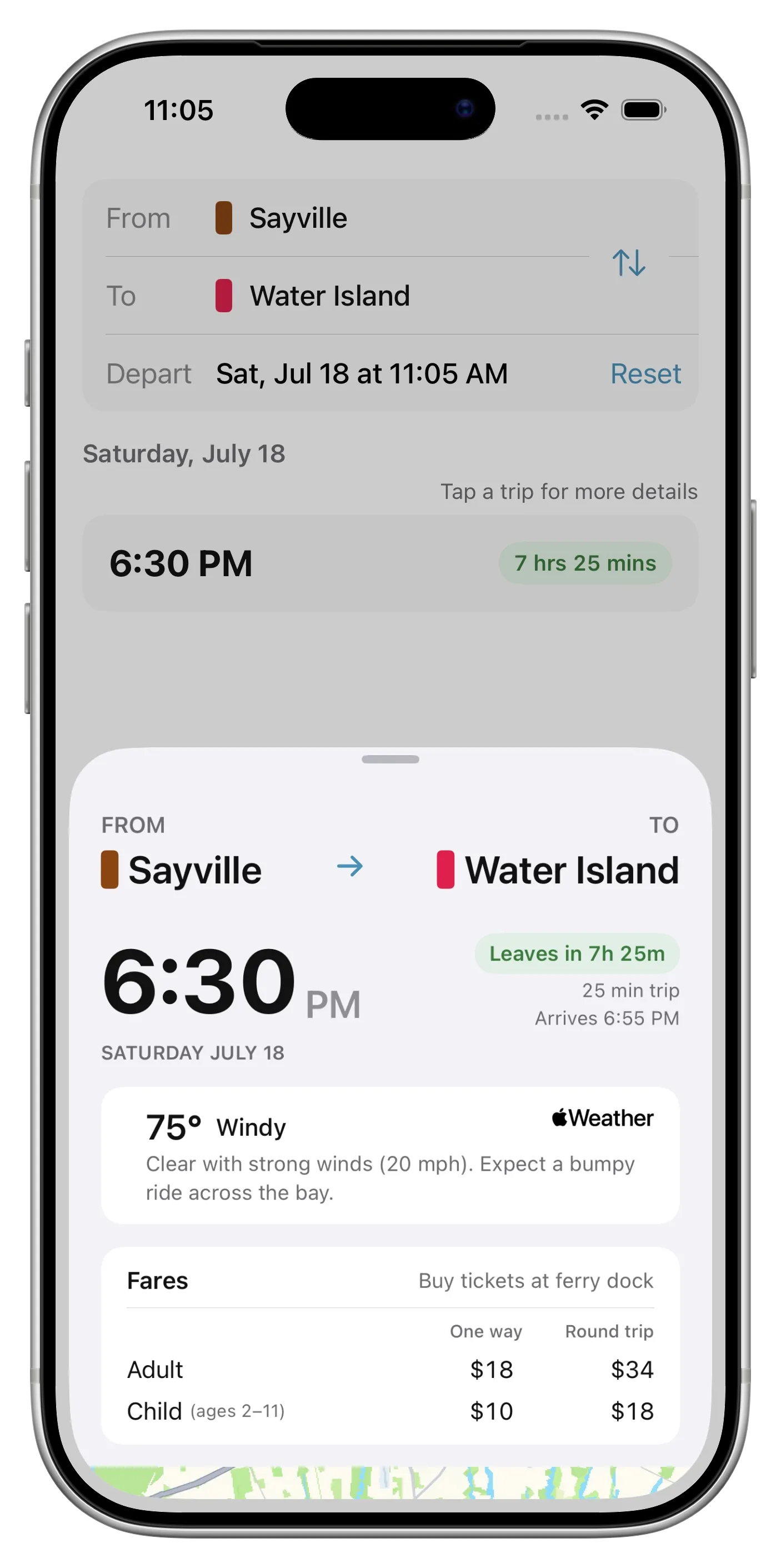 Screenshot of the Fire Island Ferry Schedules app for Water Island