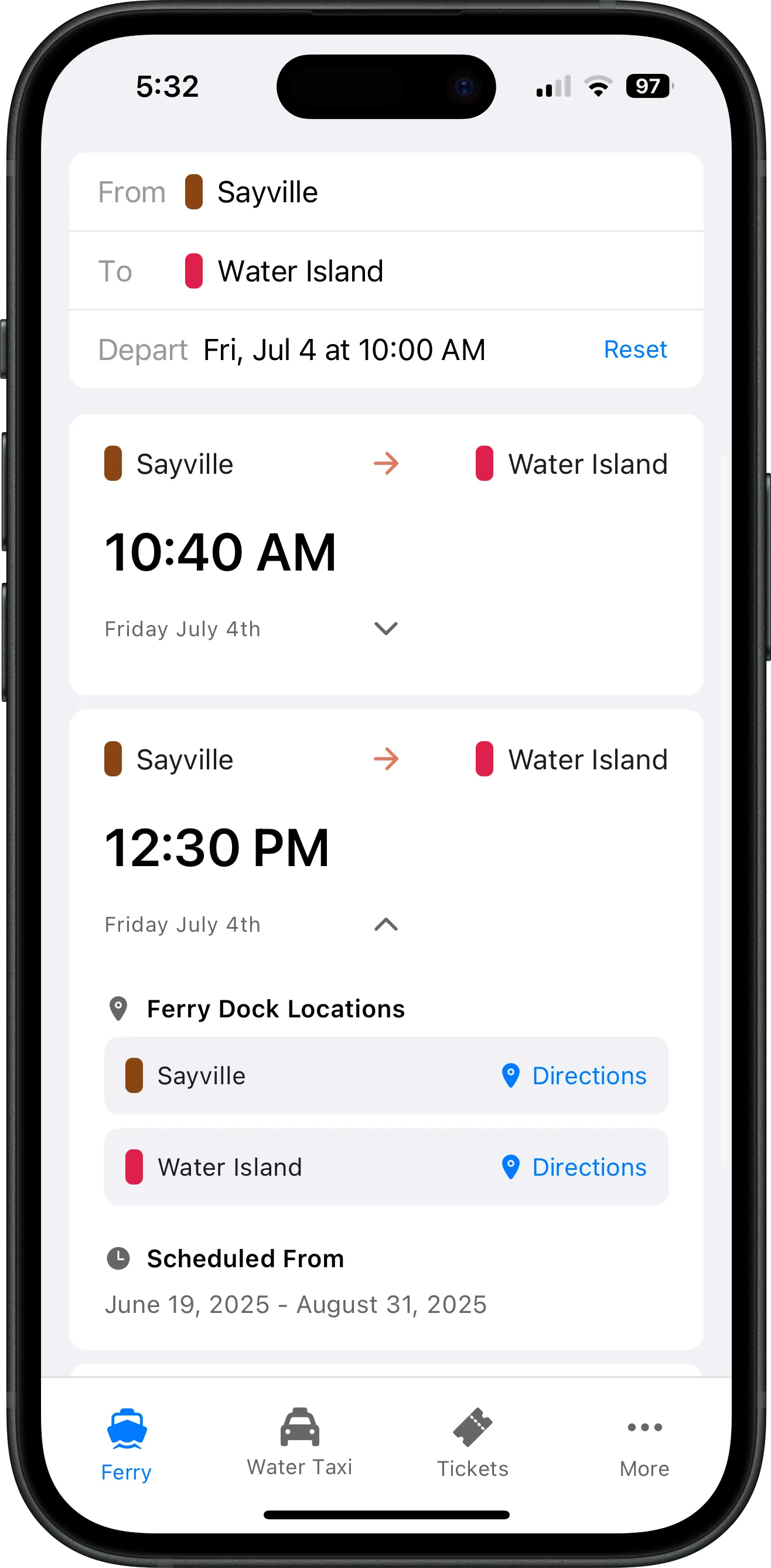 Screenshot of Fire Island Ferry Schedules app showing Water Island ferry and water taxi schedule with departure times, destinations, and search functionality